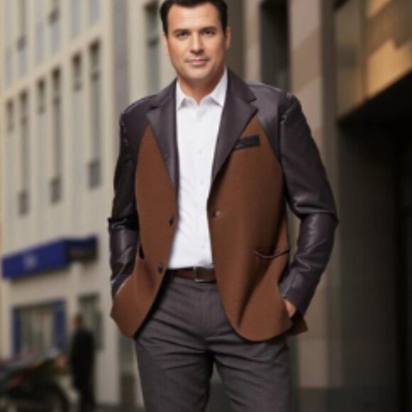 Giovanco Jacket Coat Men's Size 4X Faux Suede & Leather Brown Pockets Patchwork